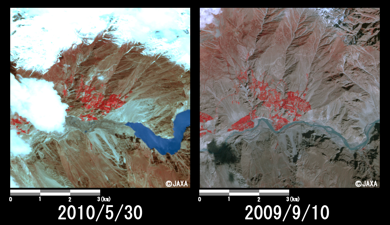 Fig. 3: Enlarged image of the end of the dammed lake corresponds to the site of landslide (6 km squares, left: May 30, 2010; right: Sep. 10, 2009).
