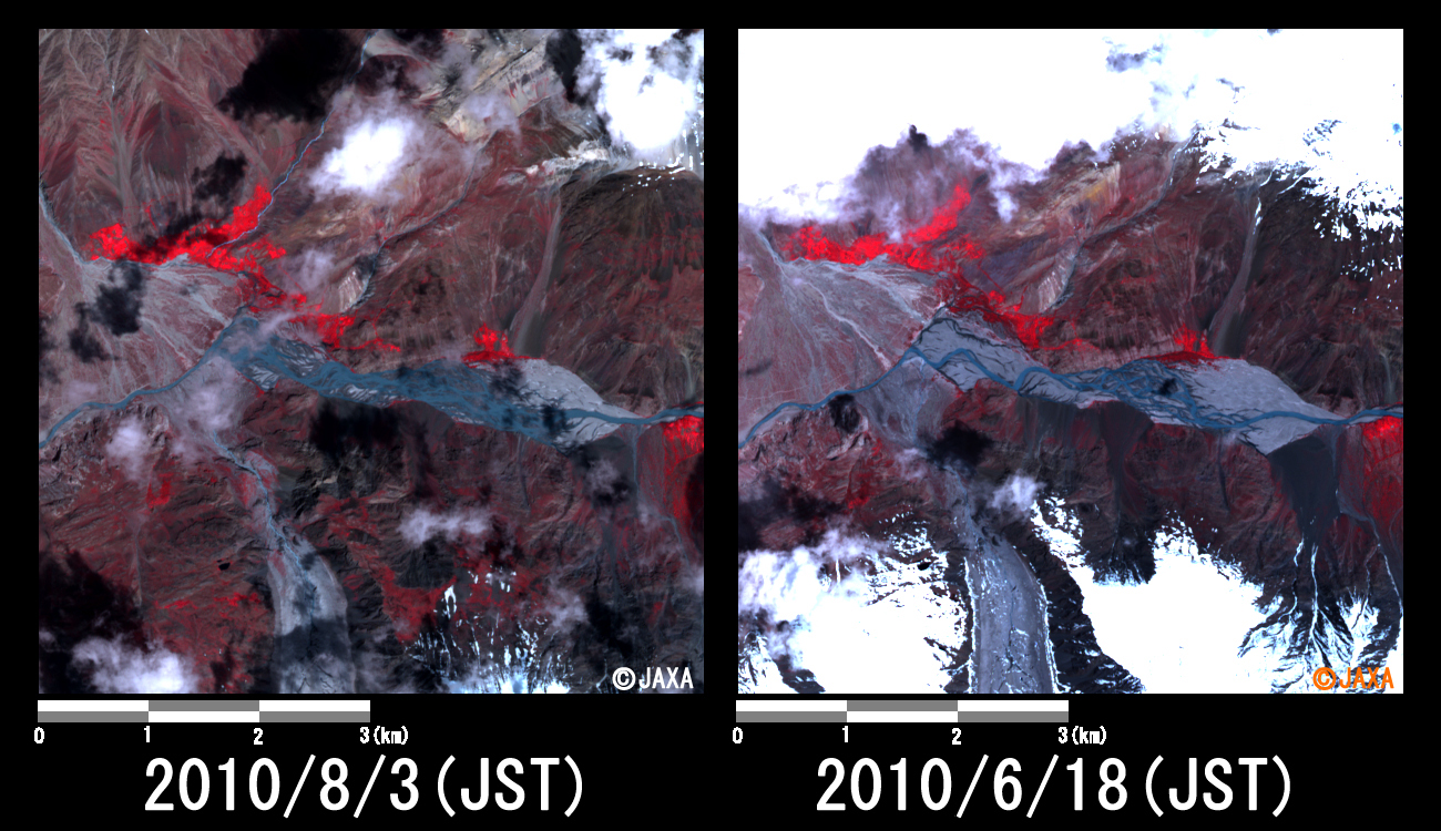 Fig. 2: Enlarged image at the swollen river in Kan Khun (36 square kilometers, left: August 3, 2010; right: June 18, 2010).