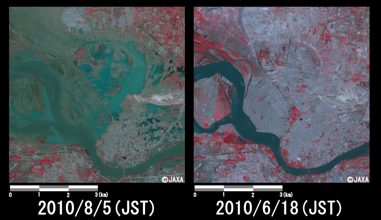 Fig. 5: Enlarged images of the swollen rivers in Nowshera District (36 square kilometers, left: August 5, 2010; right: June 18, 2010).