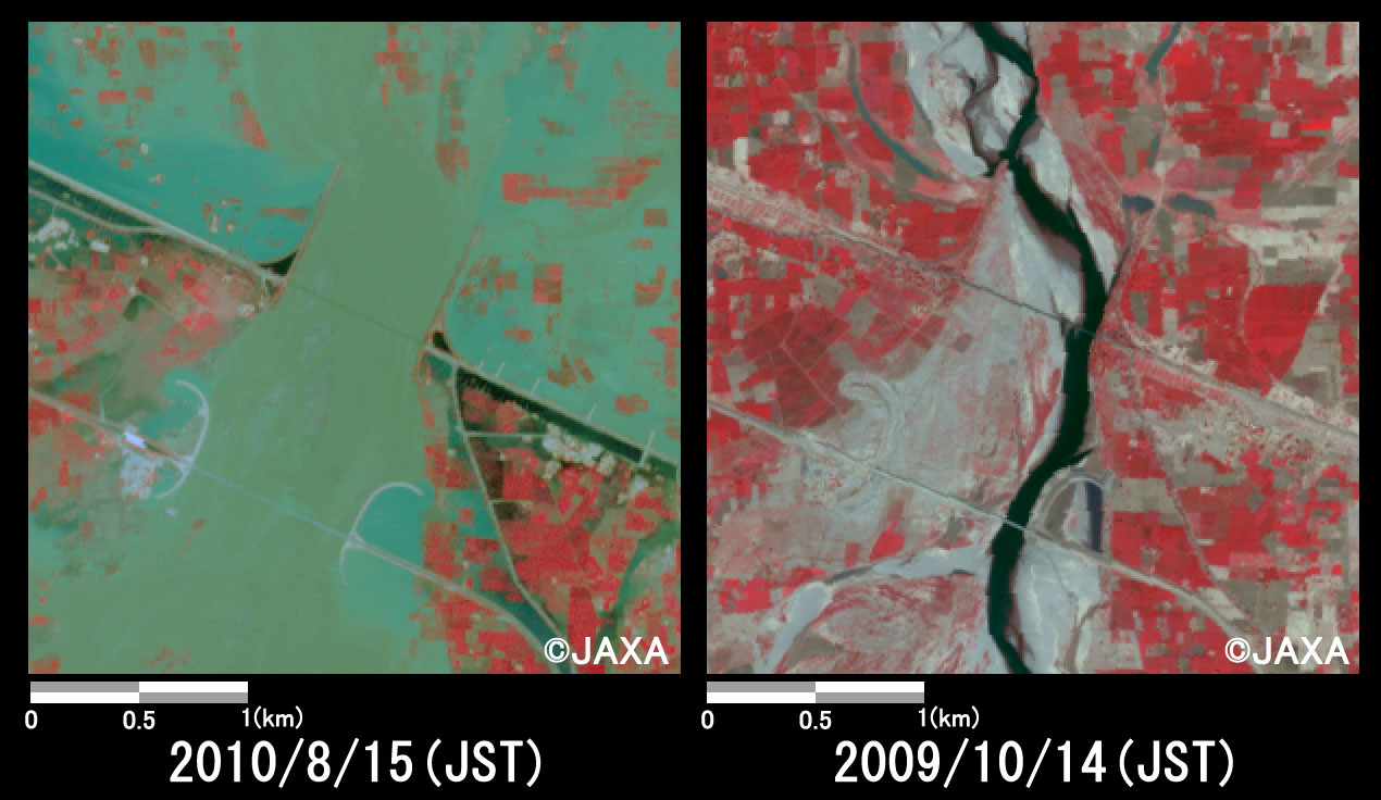 Fig. 4: Enlarged images of the bridges at Chund Bharwana (9 square kilometers, left: August 15, 2010; right: October 14, 2009).