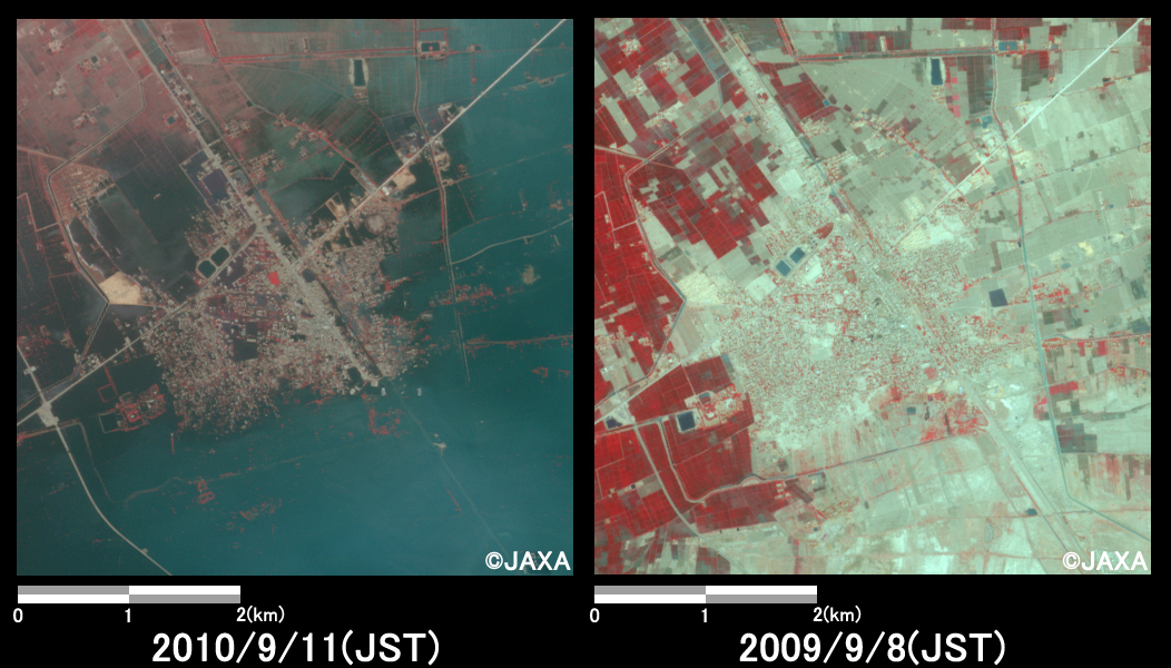 Fig. 2: Enlarged images of the flooded area in Dera Allah Yar. (25 square kilometers, left: September 11, 2010; right: September 8, 2009).