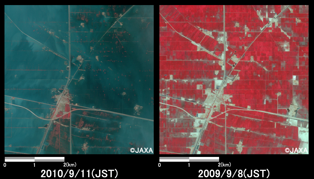 Fig. 3: Enlarged images of the swollen rivers in Qubba Saida Khan. (25 square kilometers, left: September 11, 2010; right: September 8, 2009).