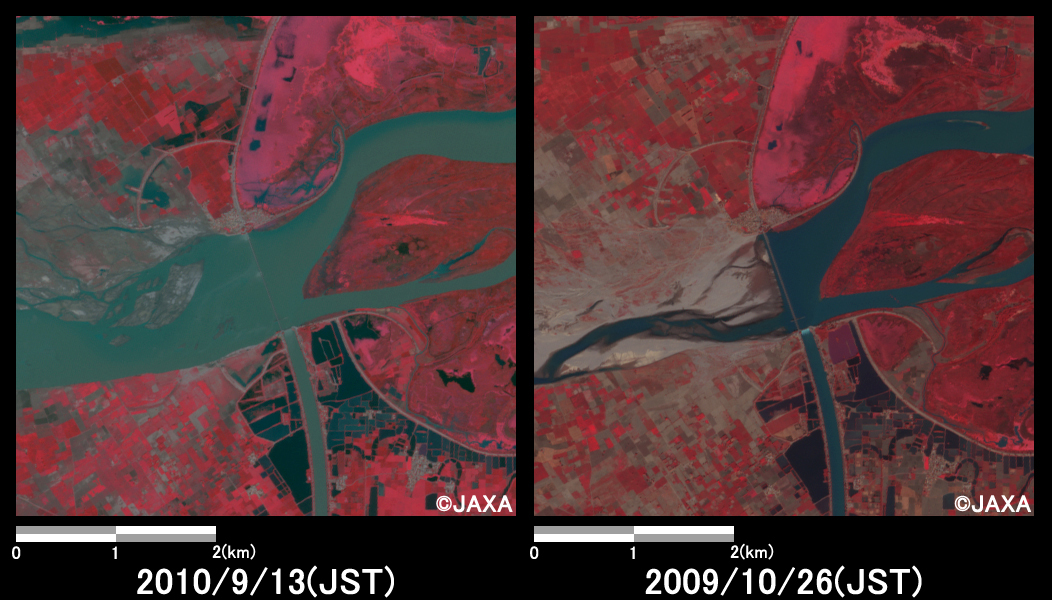 Fig. 4: Enlarged images at Chenab River in Kot Hara. (25 square kilometers, left: September 13, 2010; right: October 26, 2009).