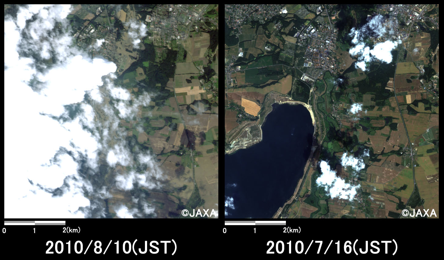 Fig. 2: Enlarged images of the submerged area at Zgorzelec (49 square kilometers, left: August 10, 2010; right: July 16, 2010).