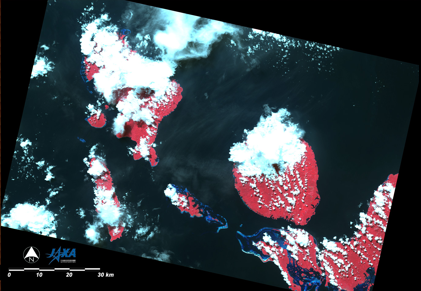 Solomon Islands observed by AVNIR-2 on Apr. 8, 2007. False color combination using R,G,B=Band4,3,2 of AVNIR-2.
