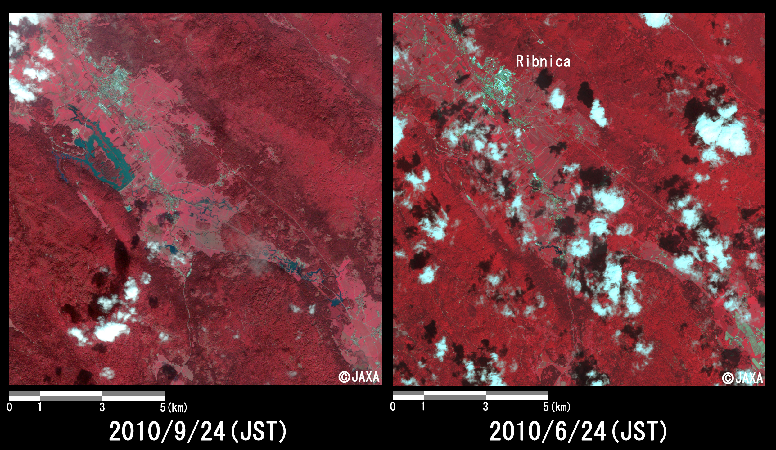 Fig. 4: Enlarged images of the freshet at Ribnica. (144 square kilometers, left: September 24, 2010; right: July 11, 2010).
