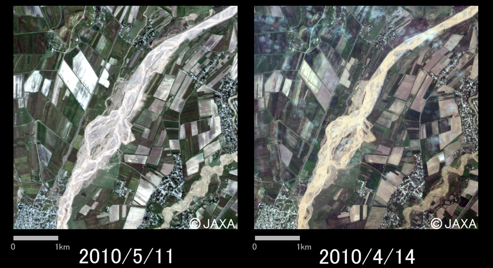 Fig. 2: Enlarged image around Imeni Vose (5km square, left: May 11, 2010; right: April 14, 2010).