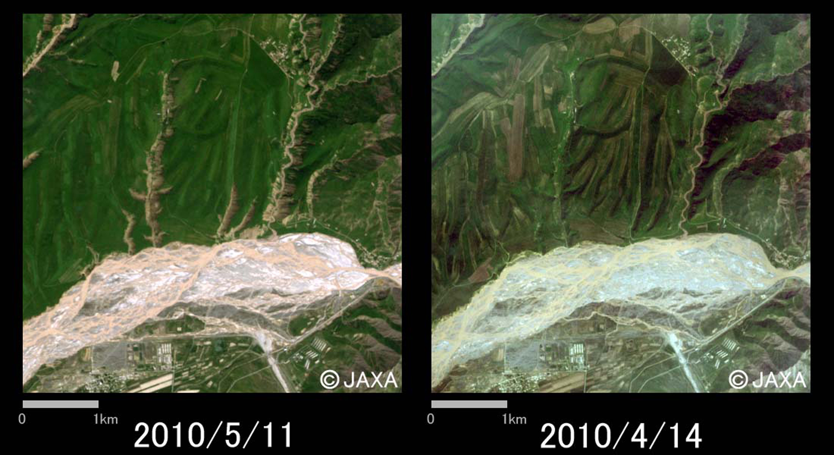 Fig. 3: AVNIR-2 image of Mudslides in Khanabad (5km square, left: May 11, 2010; right: April 14, 2010).