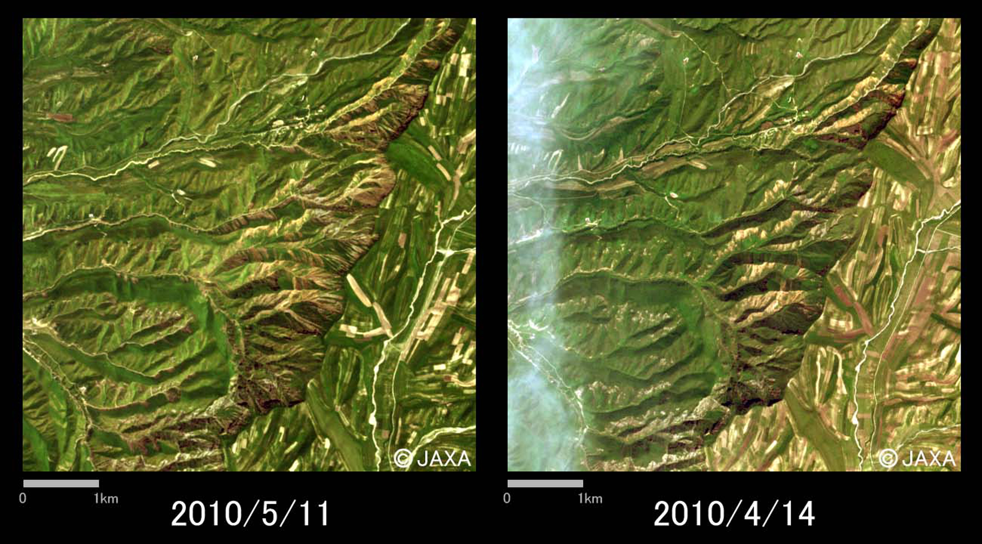 Fig. 4: AVNIR-2 image of Large mudslides in Chagam (6km square, left: May 11, 2010; right: April 14, 2010).