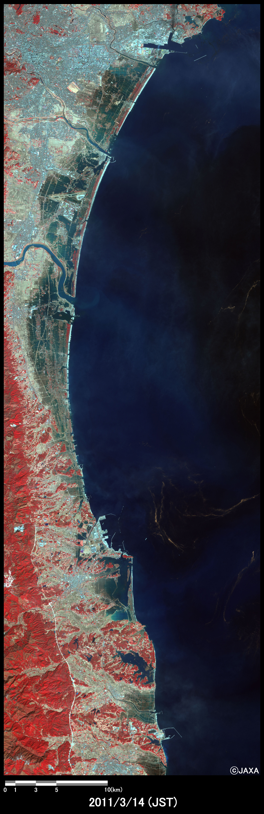 Fig.2(left): Enlarged image of flooded large areas including Sendai Airport, Miyagi Prefecture. on March 14, 2011 (1,875 square kilometers).