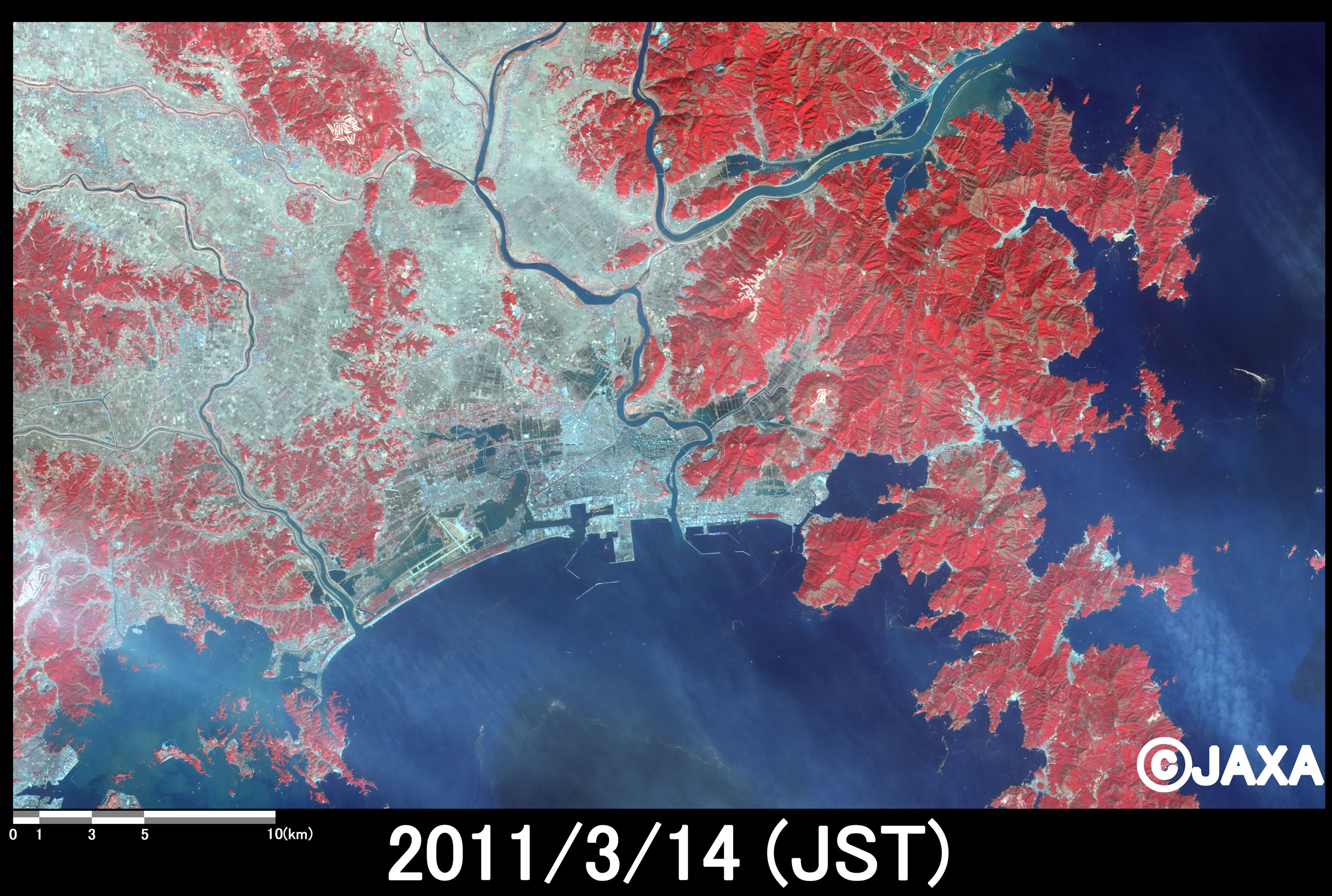 Fig.7(left): Enlarged image of Ishinomaki city and Kitagami River basin in Miyagi Prefecture. on March 14, 2011 (1,500 square kilometers).