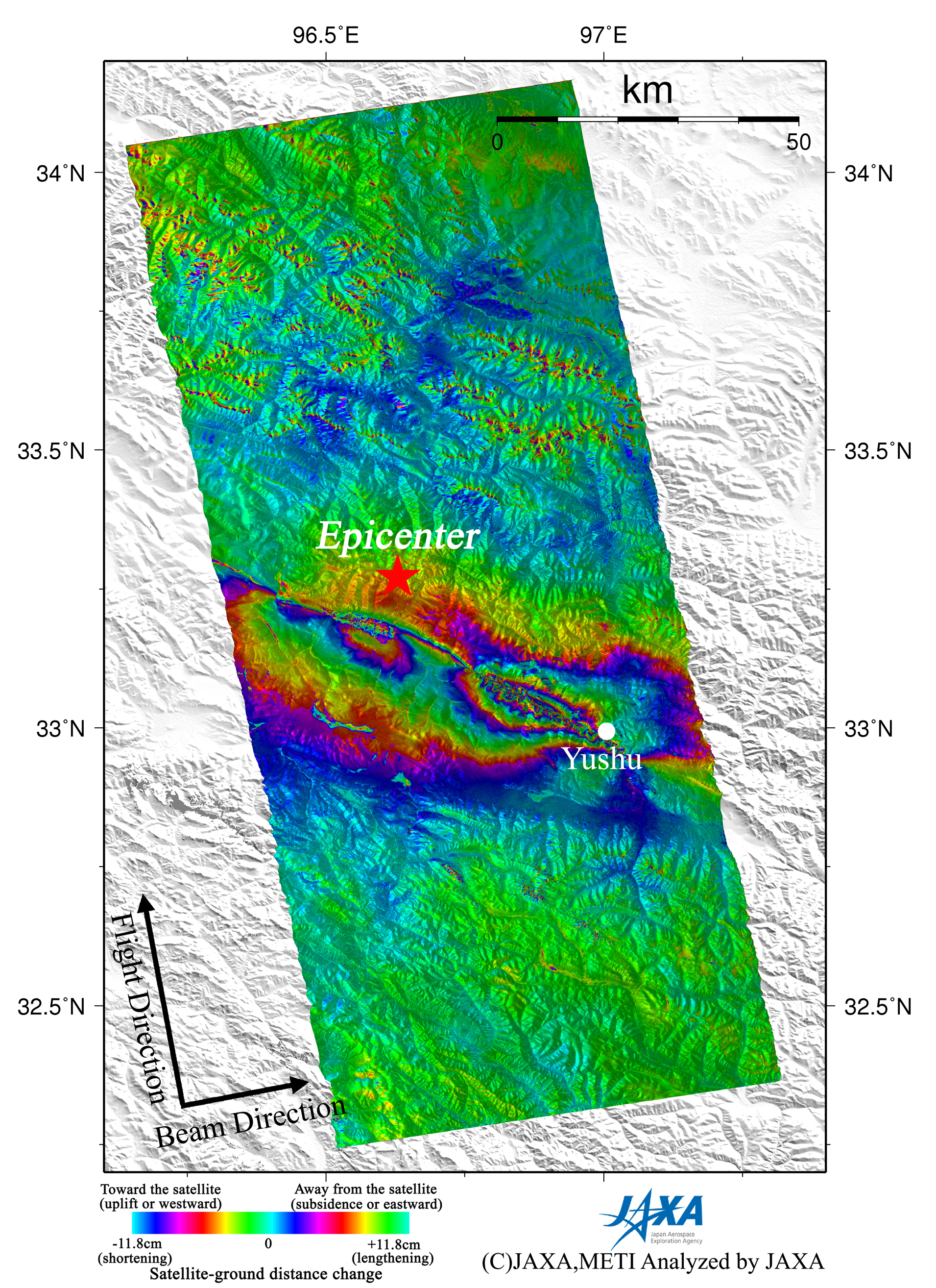 Figure 2 left is an interferogram generated from PALSAR data acquired before (Jan. 15, 2010) and after (Apr. 17, 2010) the earthquake using the DInSAR technique. A color pattern illustrates changes of satellite-ground distance for the period.