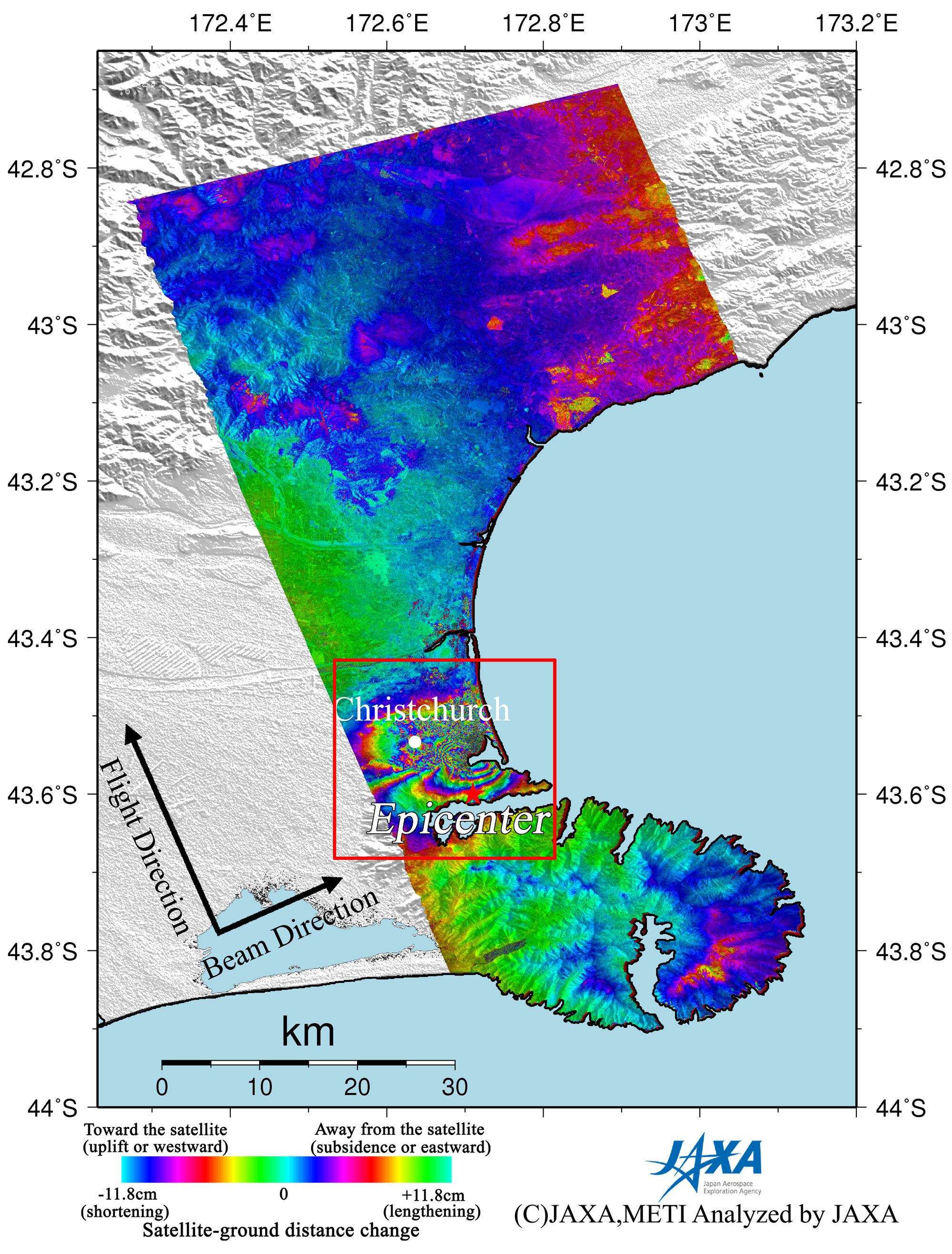 Figure 2 left is an interferogram generated from PALSAR data acquired before (January 10, 2011) and after (February 25, 2011) the earthquake using the DInSAR technique.