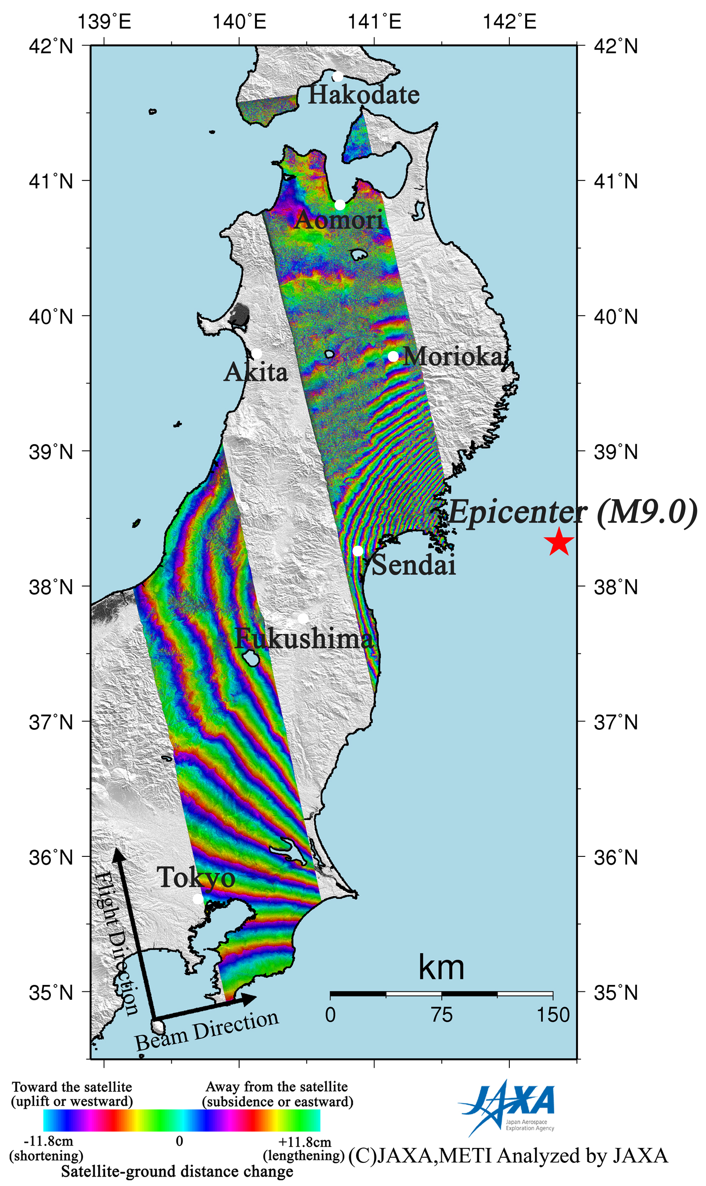 Figure 2 left shows two tracks of interferograms (path: 402 and 405) generated from PALSAR data acquired before and after the earthquake using the DInSAR technique.