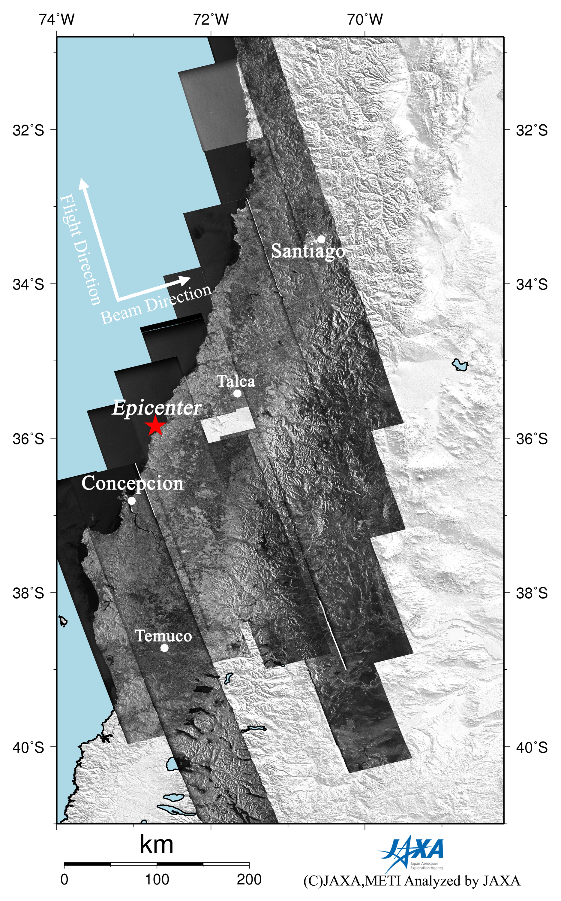 Figure 3 is a mosaicked PALSAR amplitude image acquired after the earthquake indicating an observation field of 1000 km from south to north.