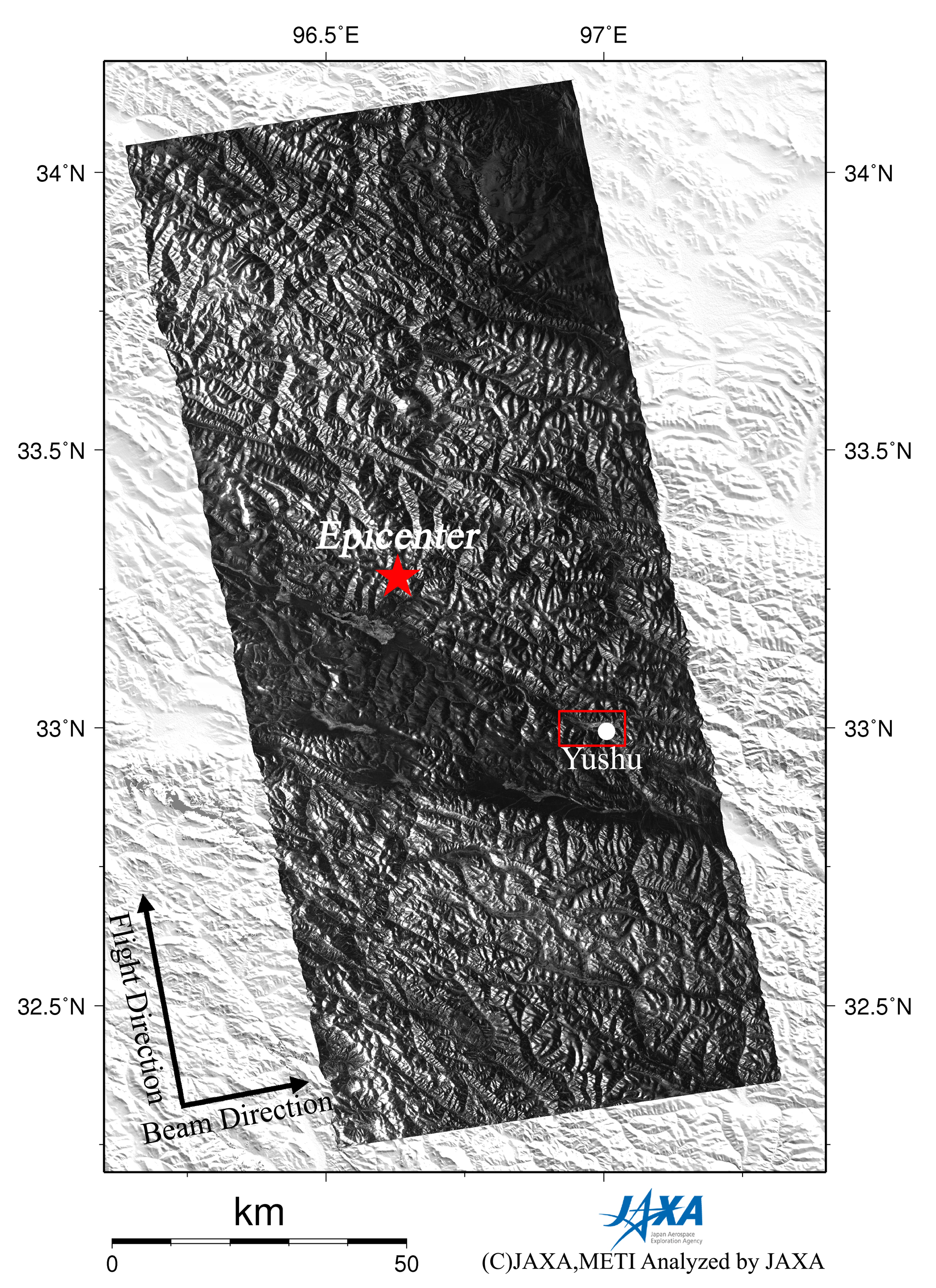 Figure 2 right is a PALSAR amplitude image acquired after the earthquake (Apr. 17, 2010) indicating an observation field of 200km from south to north.