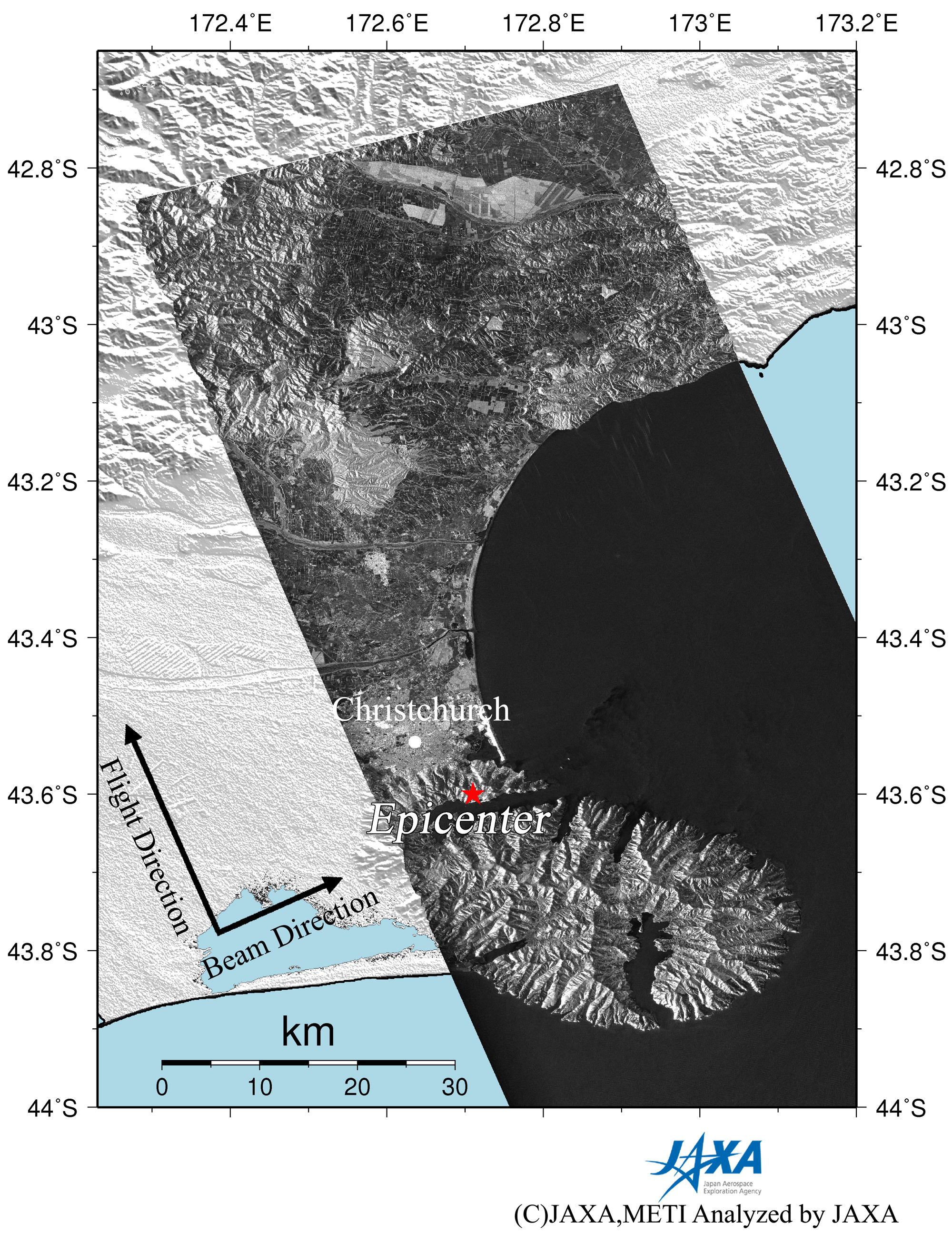 Figure 2 right is a PALSAR amplitude image observed after the earthquake (2011/2/25).