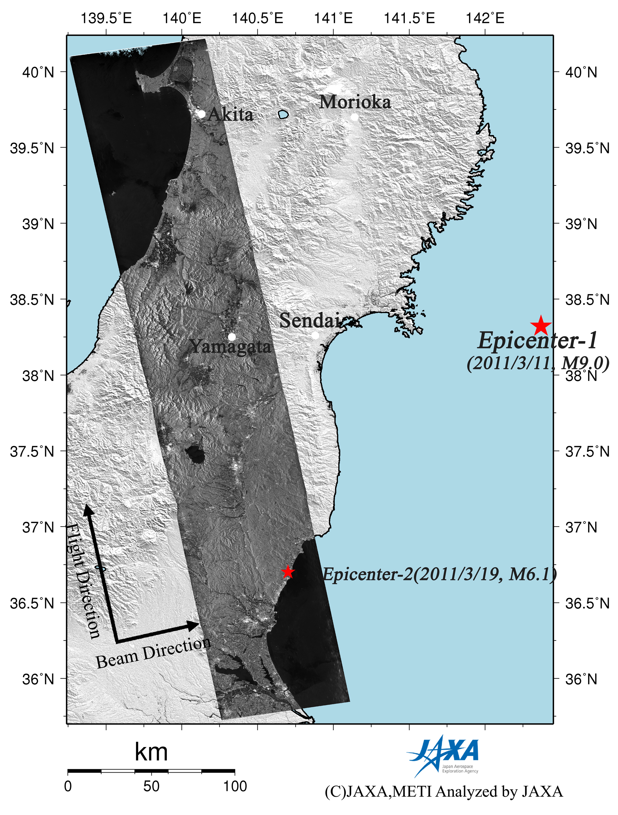 Figure 2 right is a PALSAR amplitude image observed after the earthquake (March 20, 2011).