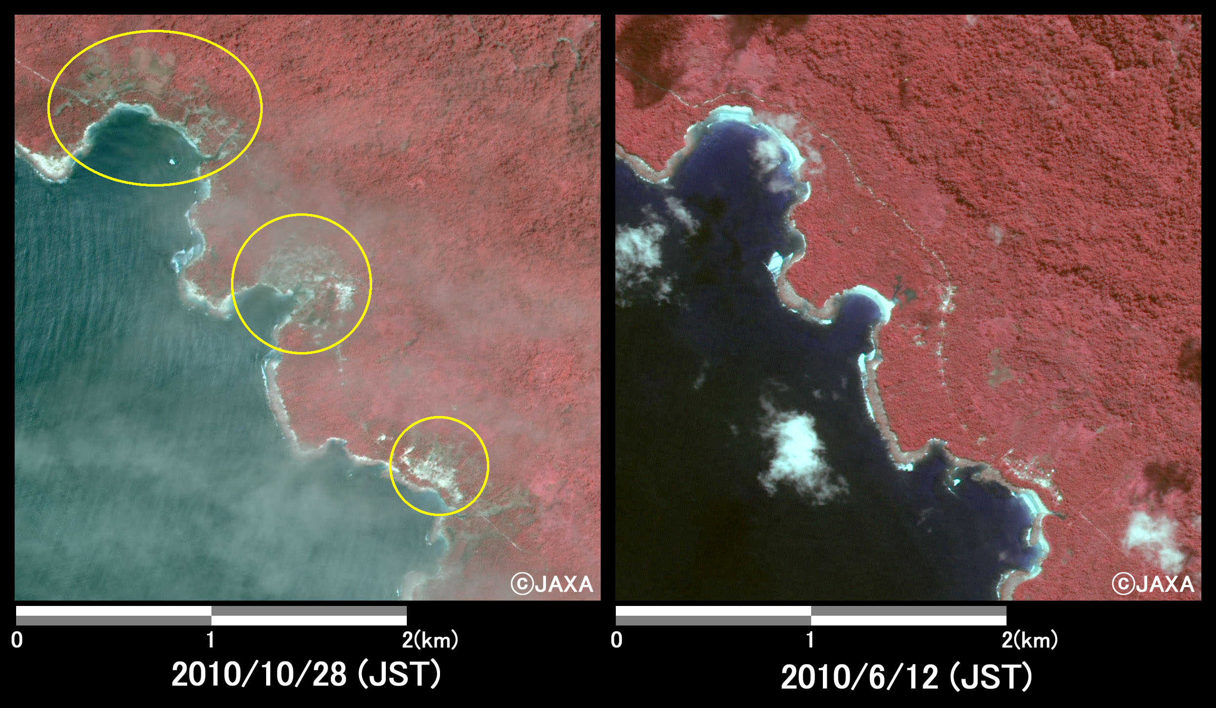Fig.2: Enlarged images at the coast in South Pagai Island (9 square kilometers, left: October 28, 2010; right: June 12, 2010).