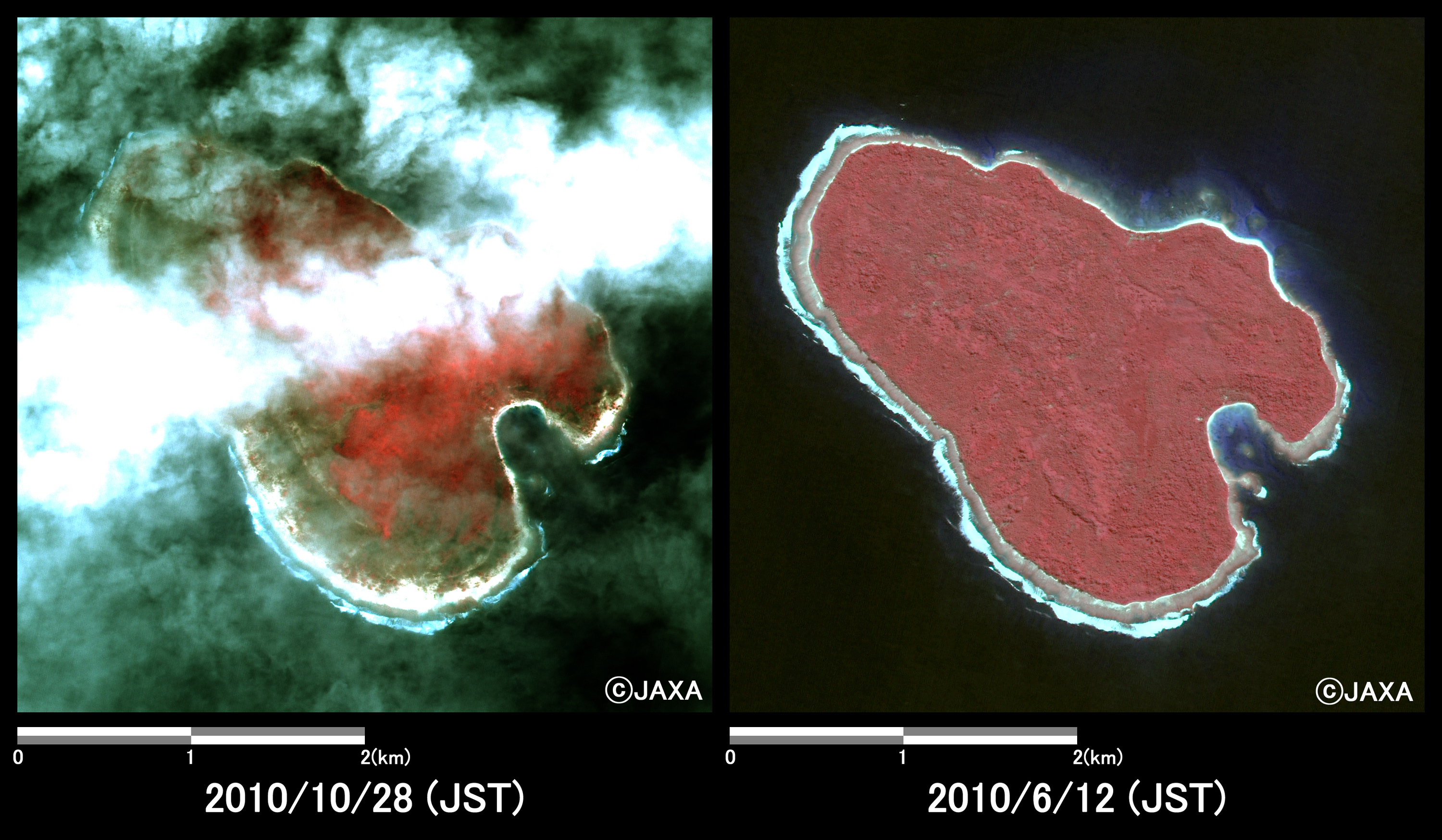 Fig.6: Enlarged images in an island off South Pagai Island (16 square kilometers, left: October 28, 2010; right: June 12, 2010).