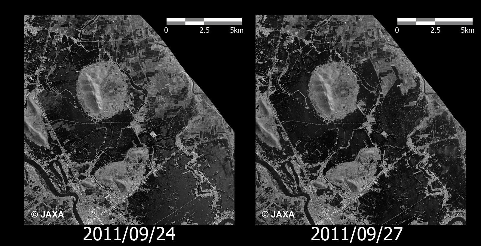 Fig. 3: Enlarged images of the Wat Sing district, Chai Nat province,, enclosed by the yellow square in Figure 2 (Left: on Sep 24th, 2011 / Right: on Sep 27th, 2011).