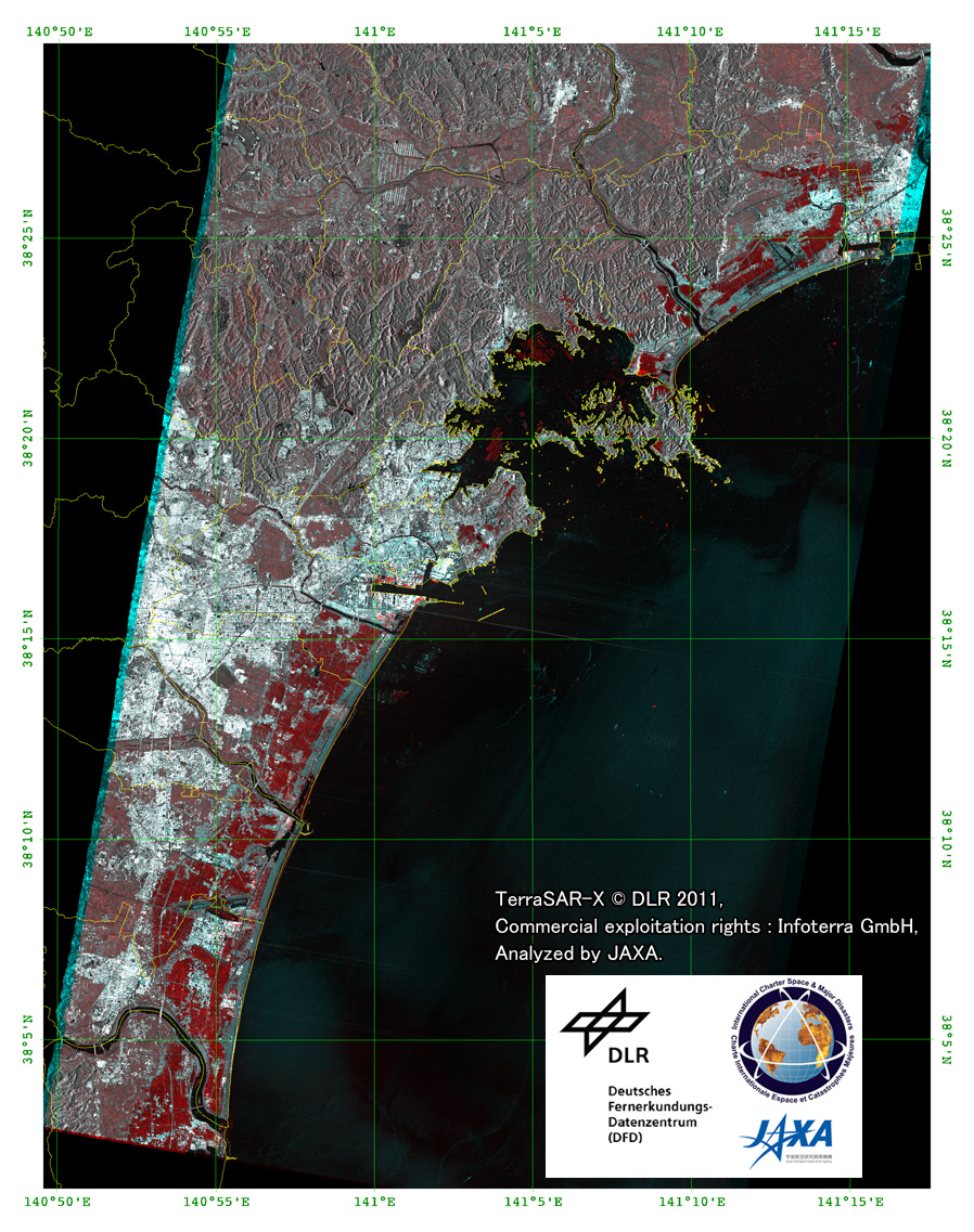 Fig. 1: Color composite of TerraSAR-X images around Sendai city acquired before (red: 2010/10/21) and after (green and blue: 2011/03/12) the earthquake.