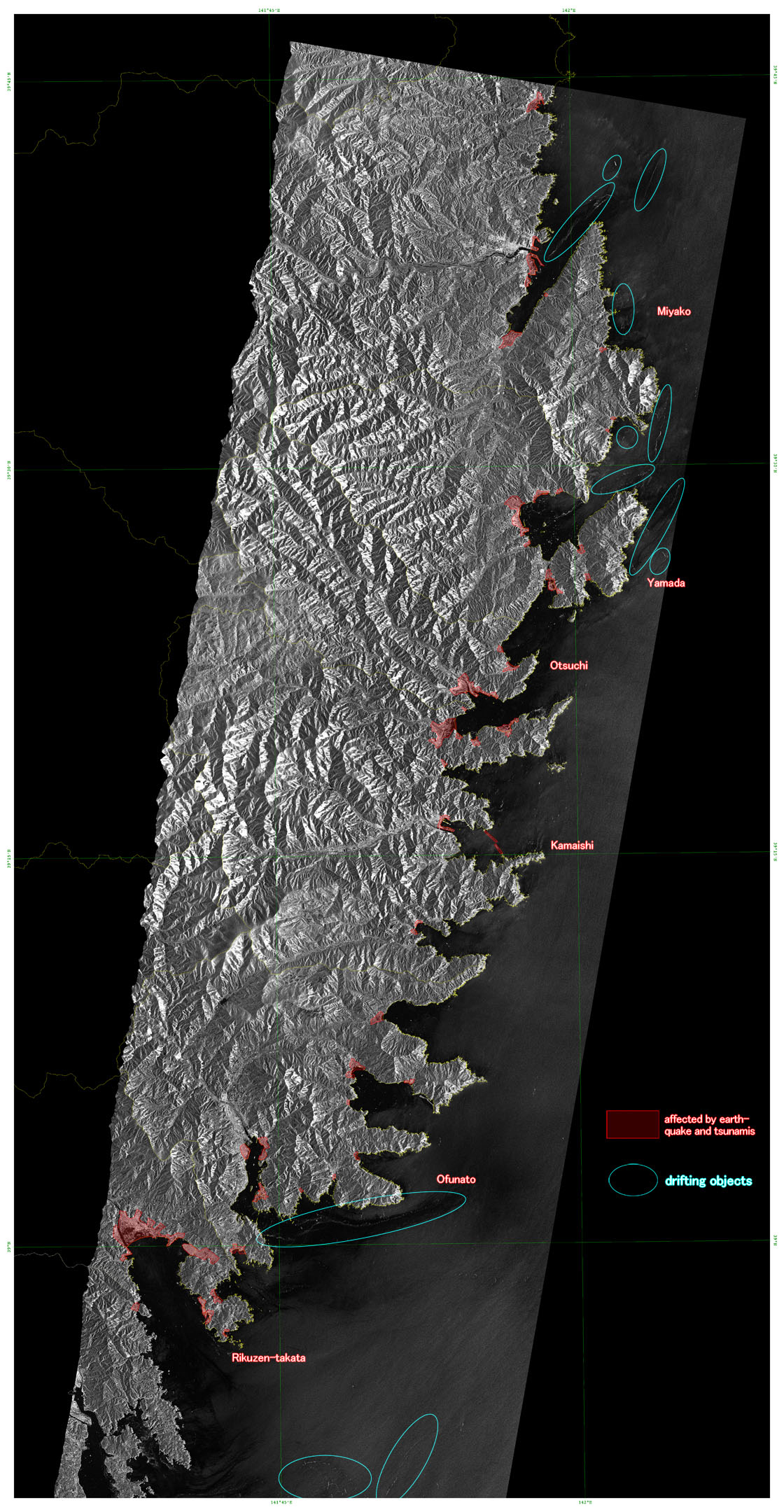 Figure 3 right is TerraSAR-X post-disaster image (interpretation of the image) around southern Iwate prefecture (2011/03/12).