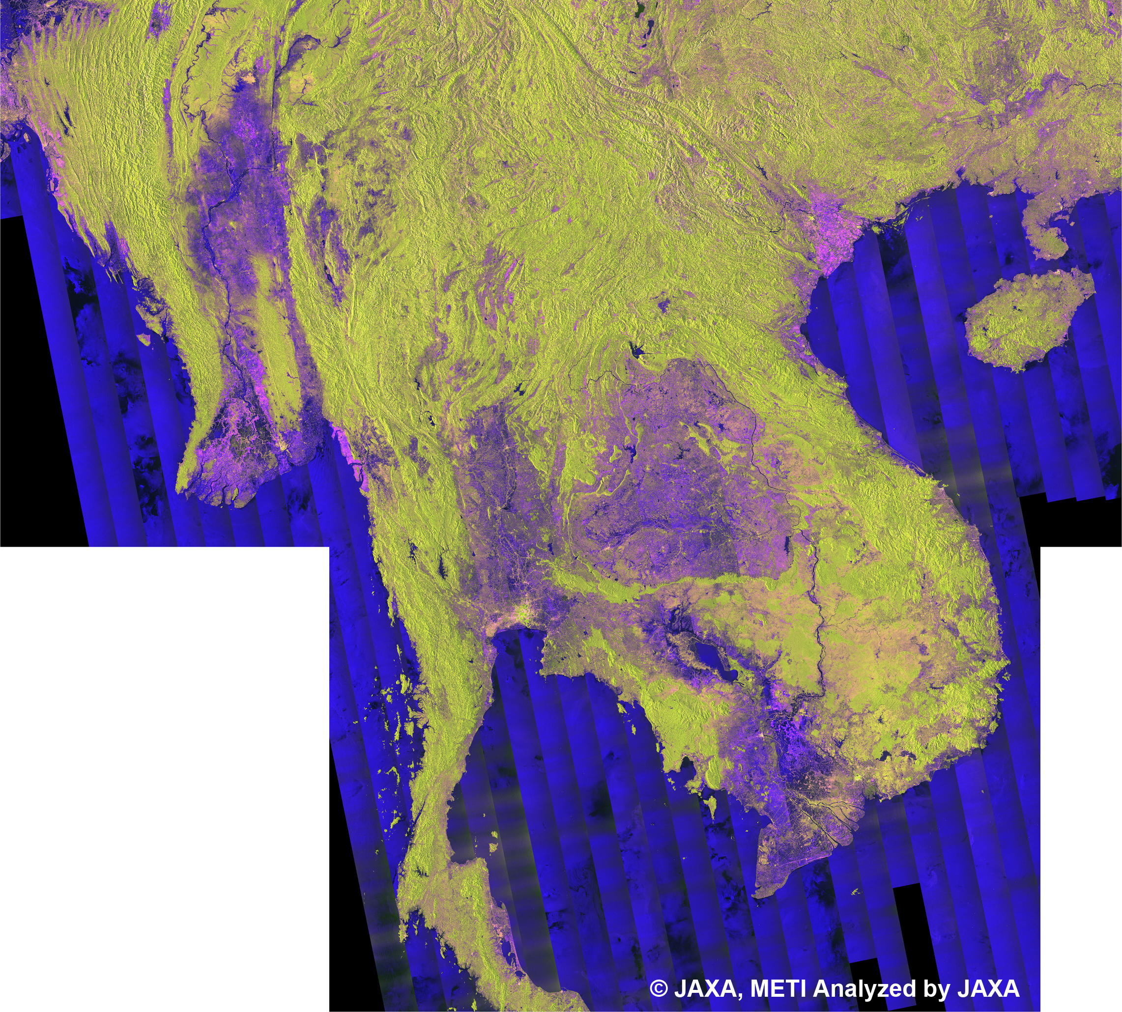 The Indochina mainland Area of PALSAR 50m Orthorectified Mosaic product for summer 2007 (mainly from September, October, and November) for June 12, 2007 ~ November 30, 2007.
