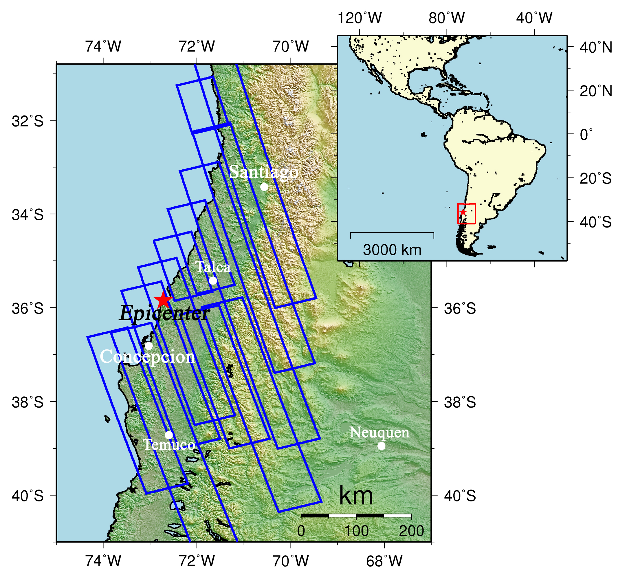 Fig.1: These observations were made on 9 adjacent satellite paths in total (p111-119) from ascending orbits with same observation mode (We refer to SRTM3 as terrain data.)