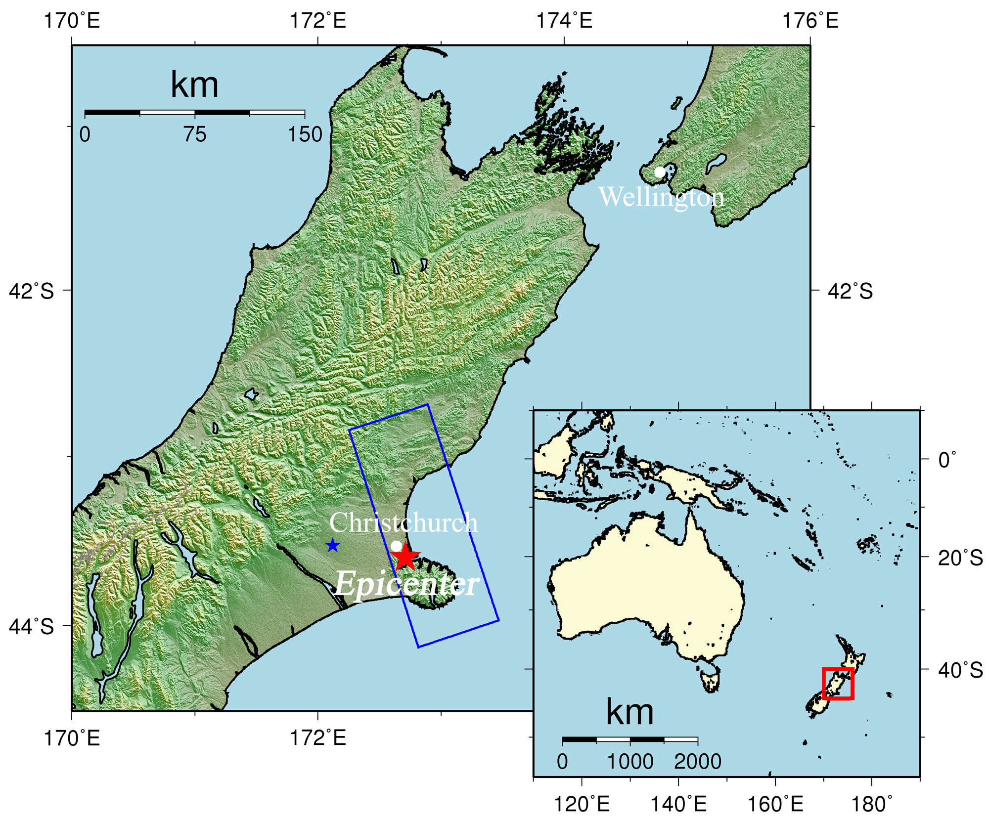 Fig. 1: An overall view of the observation area (We refer to SRTM3 as terrain data). The blue rectangle indicates the observation area shown in Fig. 2. The red star represents the epicenter of this earthquake, and the blue star represents the epicenter of the previous earthquake on September 4, 2010.