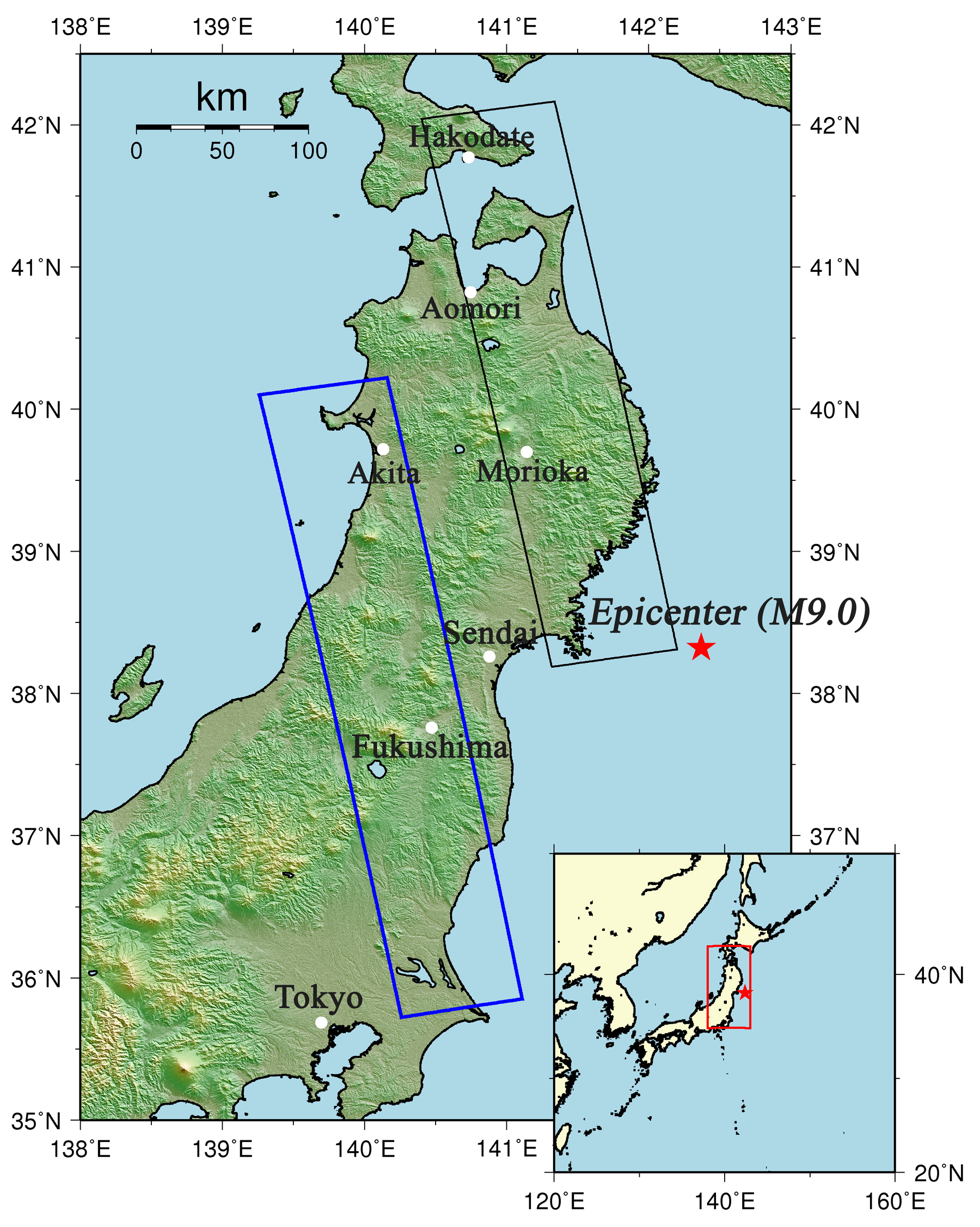 Fig. 1: An overall view of the observation area on March 20, 2011 (We refer to SRTM3 as terrain data). The blue rectangle indicates the observation area shown in Fig. 2, and the black rectangle indicates an area of the previous emergency observation in March 15. The red star represents the epicenter of this earthquake.