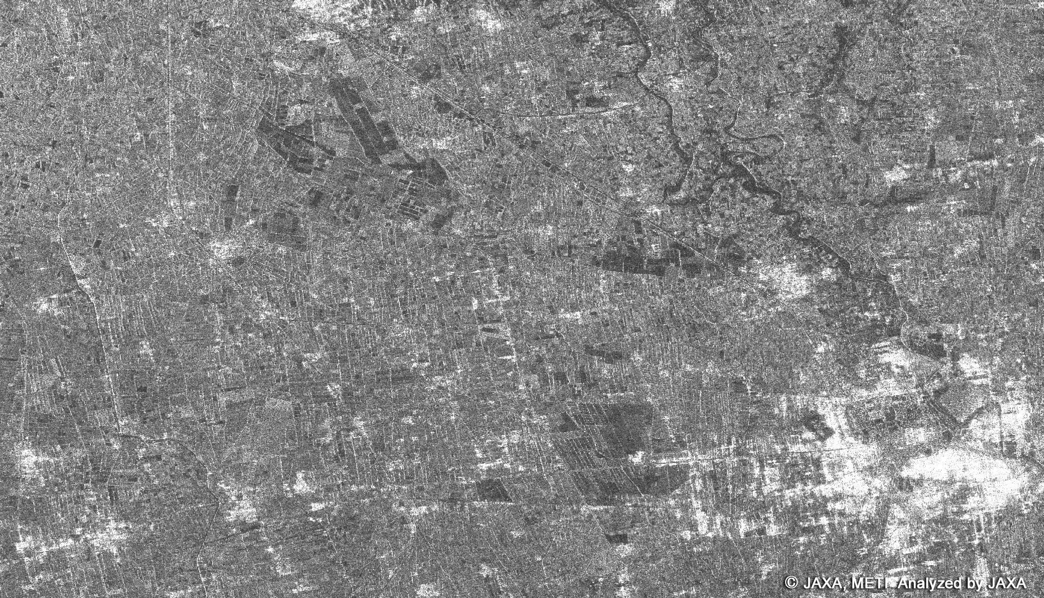 Image of heavy rain area in Mardan, Pakistan observed by PALSAR on Aug. 15, 2006.