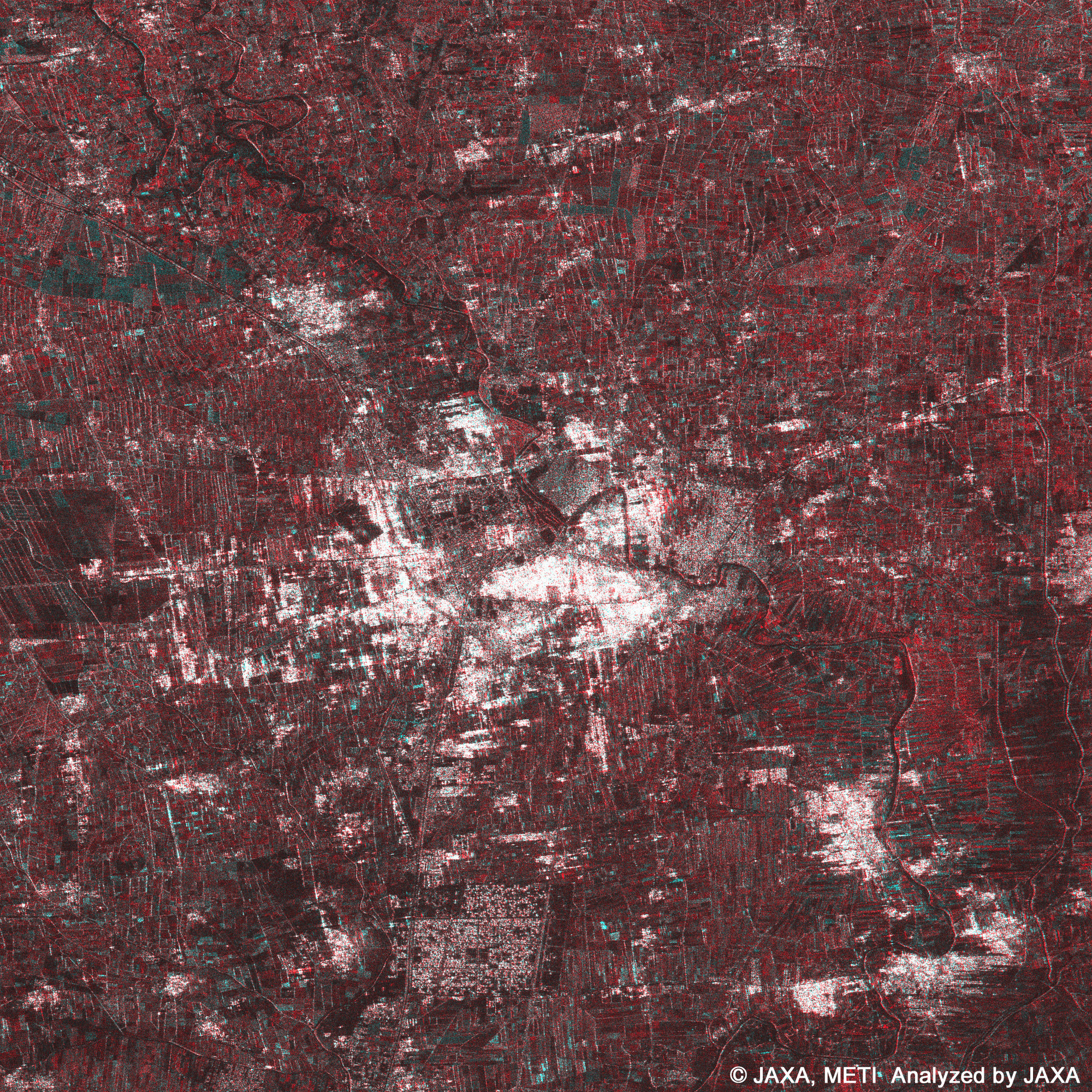 Image of heavy rain area in Mardan, Pakistan observed by PALSAR on Aug. 15, 2006.