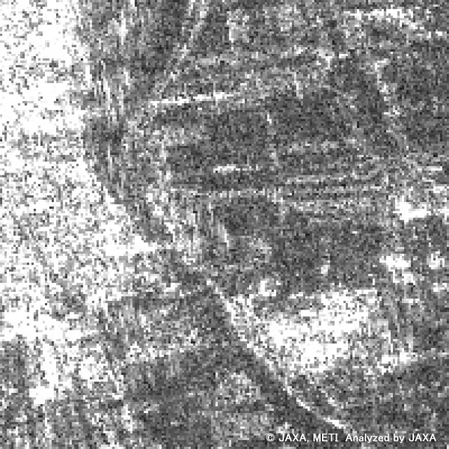Image(B) of heavy rain area in Mardan, Pakistan observed by PALSAR on Aug. 15, 2006.