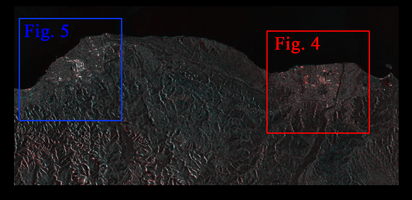 Fig. 3. An enlarged color composite image enclosed by a red rectangle in Figure 2. Petit Goave (left) and Grand Goave (right) are located in blue and red rectangles.