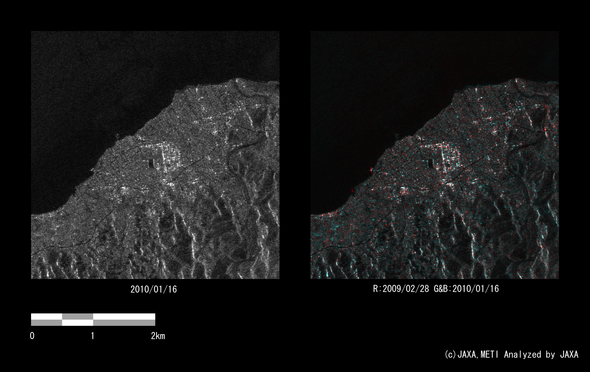 Fig. 5: An enlarged amplitude image around Petit Goave (left) and a color composite image (right) enclosed by the blue rectangle in Figure 3.