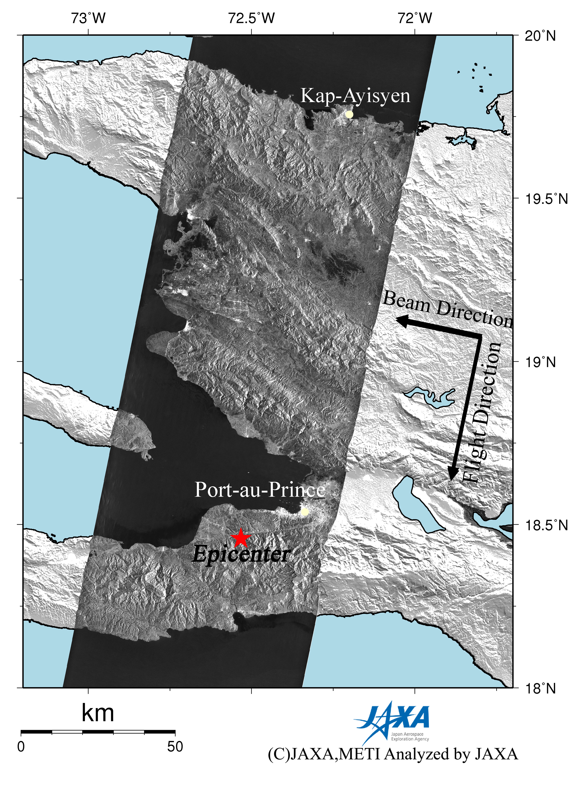 Figure 5 right is a PALSAR amplitude image acquired after the earthquake indicating an observation field of 200 km from north to south.