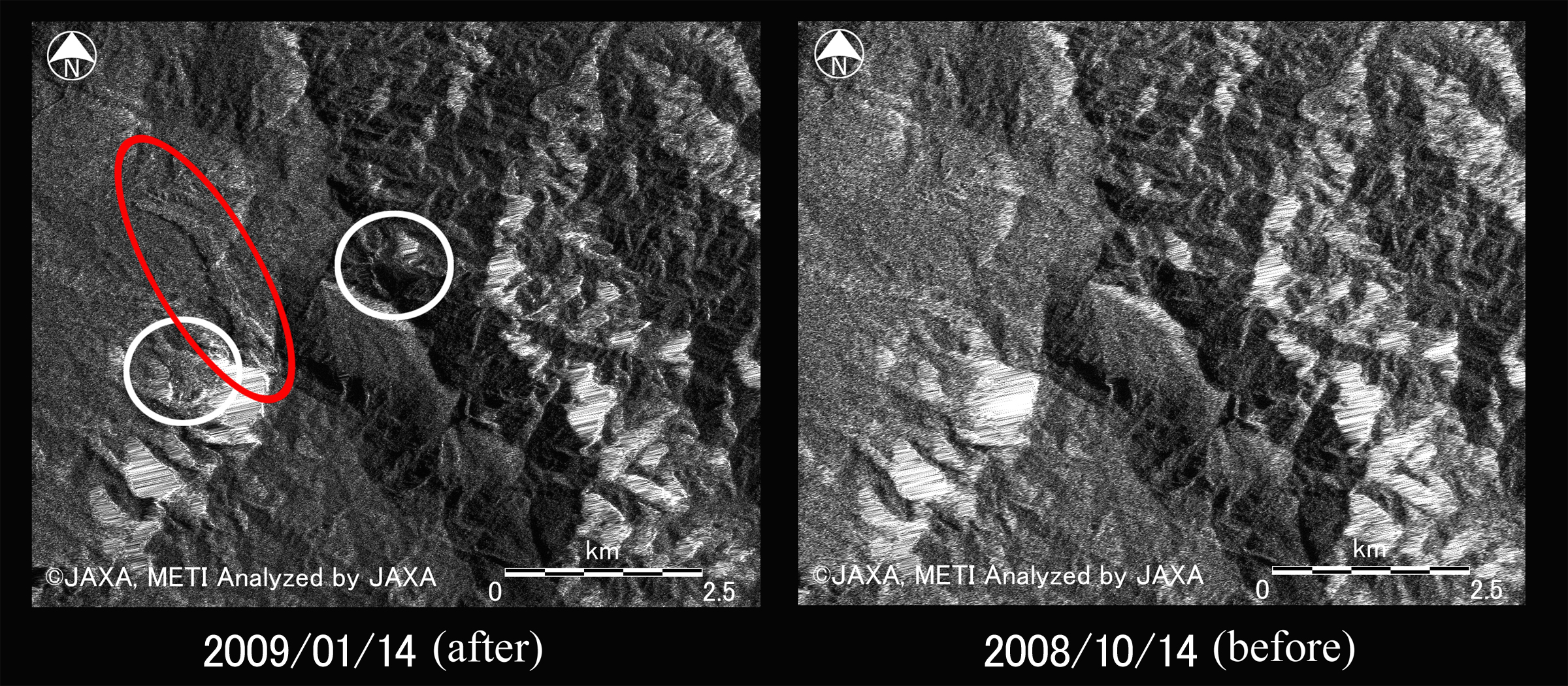 Fig.4: PALSAR amplitude images acquired before (right) and after (left) earthquakes.