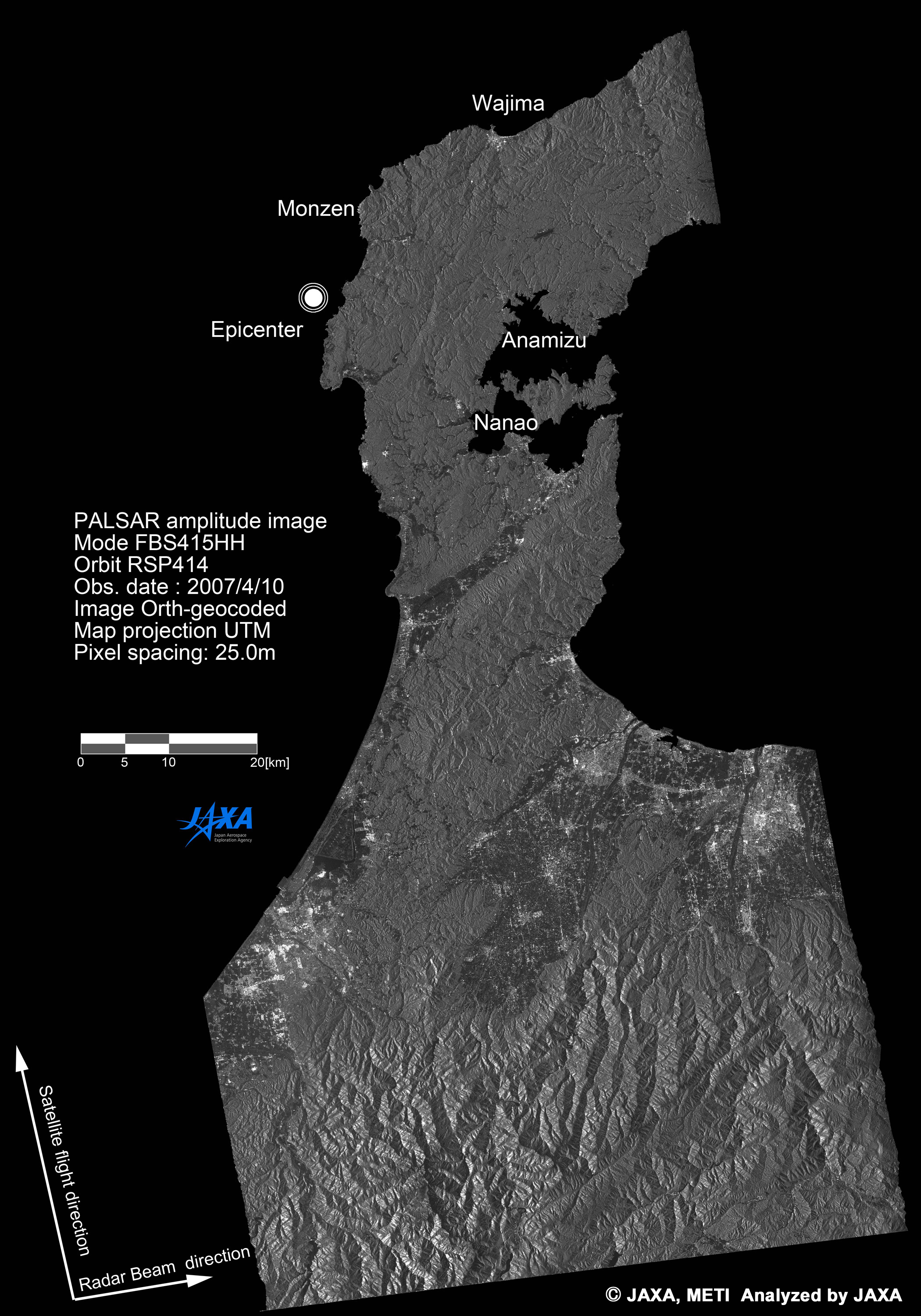 The PALSAR amplitude image of Noto Peninsula, Ishikawa Pref.,Japan observed by "Daichi"(ALOS) on Apr. 10, 2007.