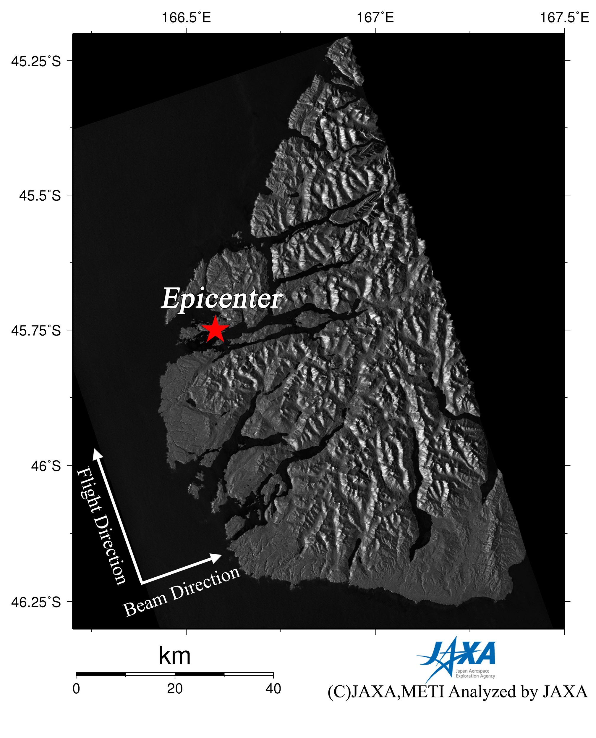 Observation Results of ALOS/PALSAR Relating to the Magnitude 7.6 Earthquake in the South Island, New Zealand, on July 2009 - Figure 1 right is a PALSAR amplitude image acquired after the earthquake indicating an observation field of 100km from south to north.