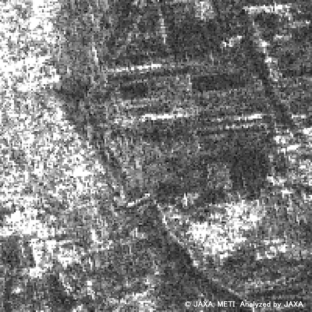 Image(B) of heavy rain area in Mardan, Pakistan observed by PALSAR on May 27, 2006 (Pre-disaster).