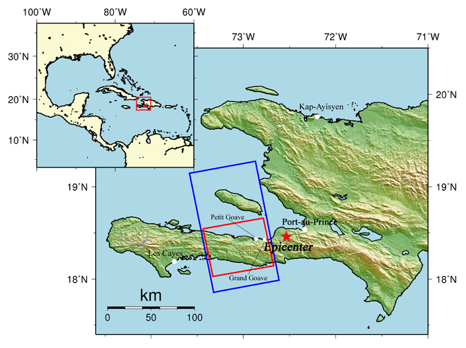 Fig.1: An overall view of the observation area (We refer to SRTM3 as terrain data.) on January 16, 2010 using the Phased Array Type L-band Synthetic Aperture Radar (PALSAR) installed on the Advanced Land Observing Satellite (ALOS). 