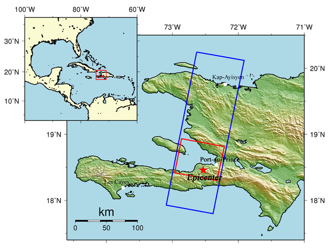 Fig.1: An overall view of the observation area (We refer to SRTM3 as terrain data.) on January 25, 2010 using the Phased Array Type L-band Synthetic Aperture Radar (PALSAR) installed on the Advanced Land Observing Satellite (ALOS). 