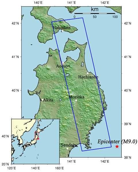 Fig. 1: An overall view of the observation area on March 15, 2011 (We refer to SRTM3 as terrain data). The blue rectangle indicates the observation area shown in Fig. 2. The red star represents the epicenter of this earthquake.