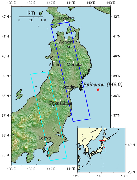 Fig. 1: An overall view of the observation area (We refer to SRTM3 as terrain data). The blue and light-blue rectangles indicate the observation area shown in Fig. 2. The red star represents the epicenter of this earthquake.