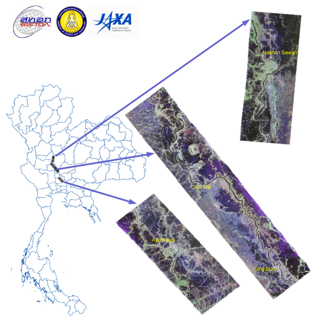 Figure 1 Flood monitoring by Pi-SAR-L On 24 September 2011. Illustrates three Pi-SAR-L imagery of Nakhon Sawan, Chainat, and Ayudhya provinces. Black color means inundated area and the widespread area along the Chao Phraya River were inundated.