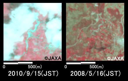 Fig. 2: Enlarged images of swollen river (1 square kilometer, left: September 15, 2010; right: May 16, 2008).