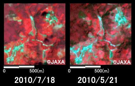 Fig. 3: Enlarged images of Higashitani, Katsuragi cho, Ito gun, Wakayama pref (1 square kilometer, left: Jul. 18, 2010; right: May 21, 2010).