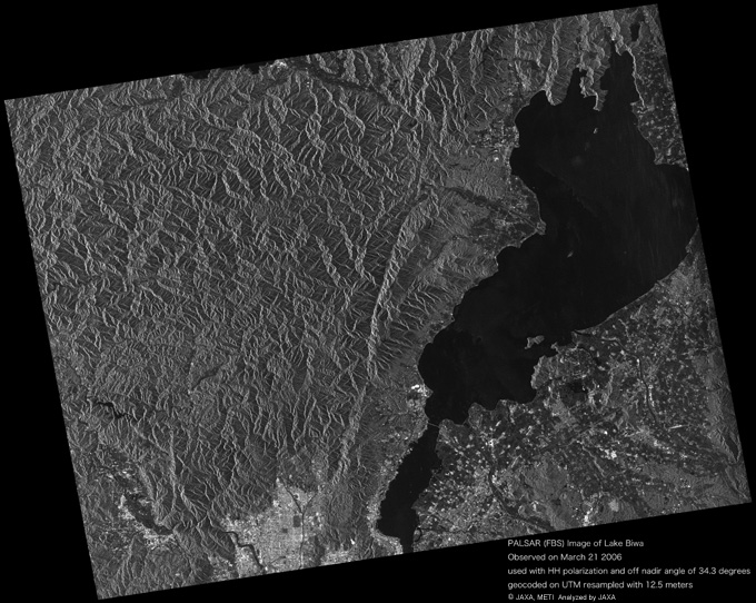 The image data on Lake Biwa in Shiga Prefecture was observed by the PALSAR on Mar. 21, 2006 (JST).