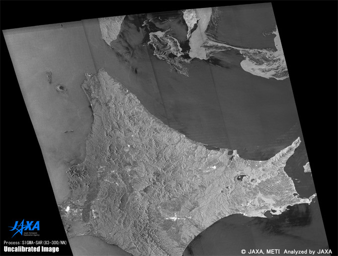 Sea of Okhotsk and Sea ice, image data acquired by PALSAR (ScanSAR) during the night on Apr. 18, 2006.